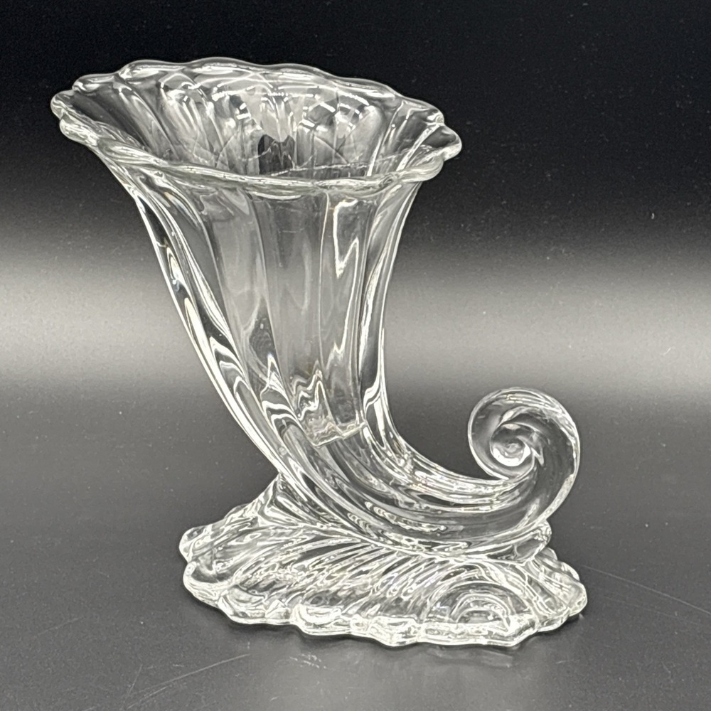 Vintage Heisey Glass Clear Warwick Cornucopia Vase # 1428 Horn of Plenty 7"